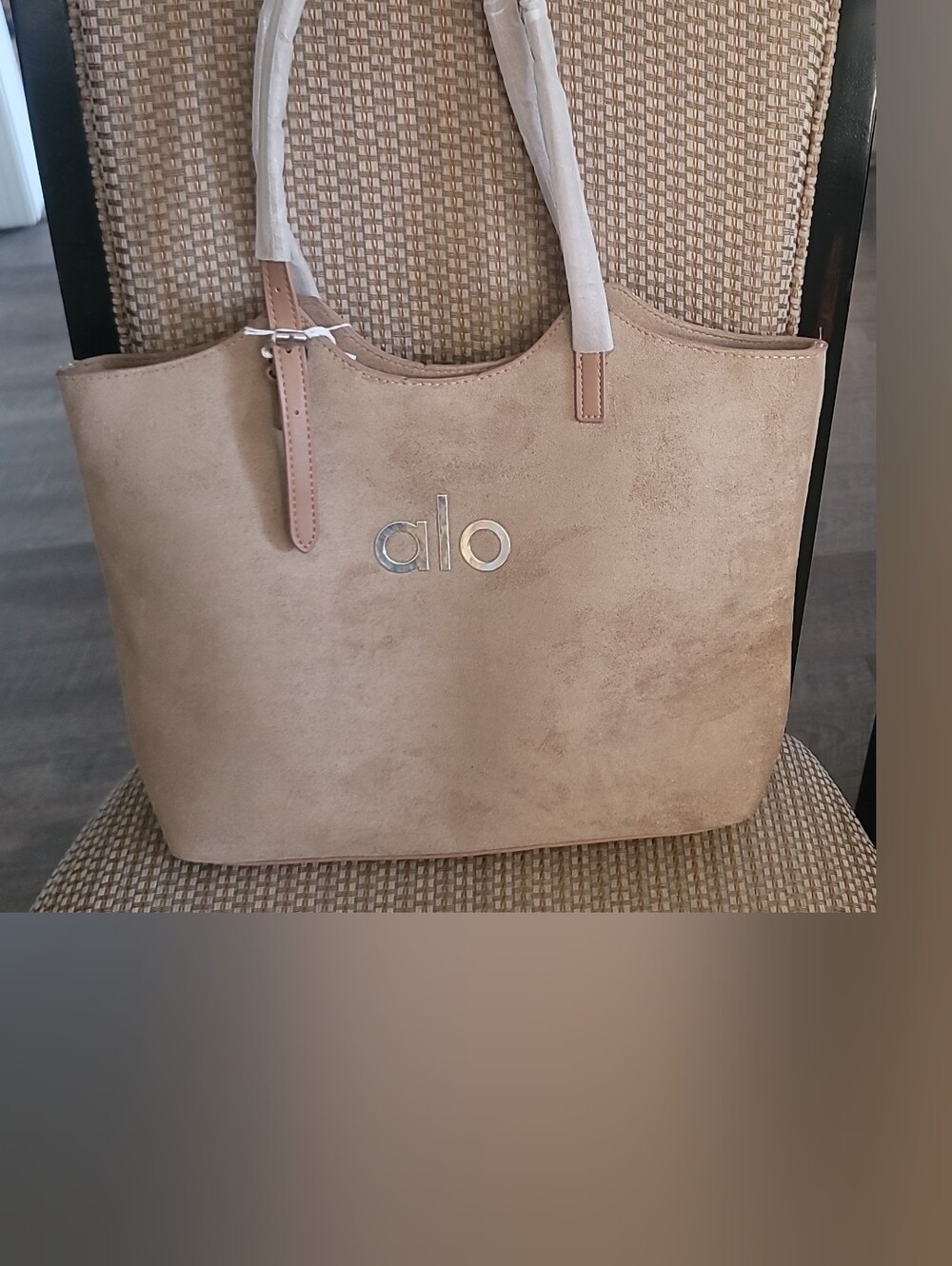 Yoga Beige Suede-Look Tote with Silver Logo